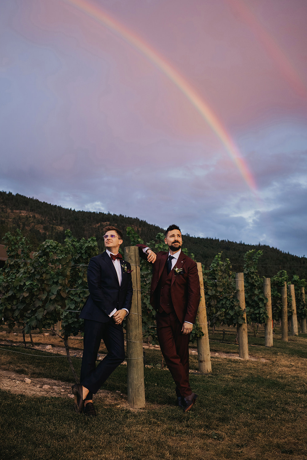 Same Sex Wedding photo with a rainbow at 50th Parallel