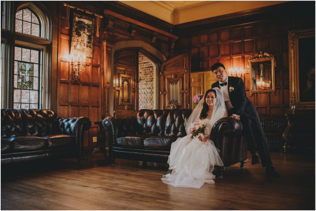 Couple inside castle for wedding