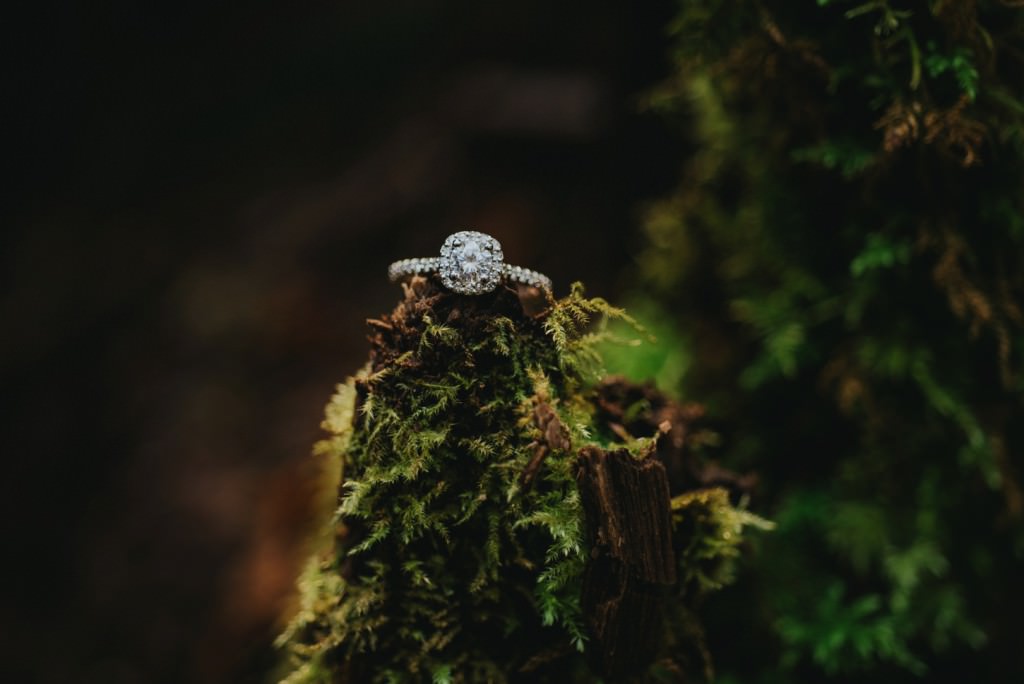 Wedding ring on forest moss