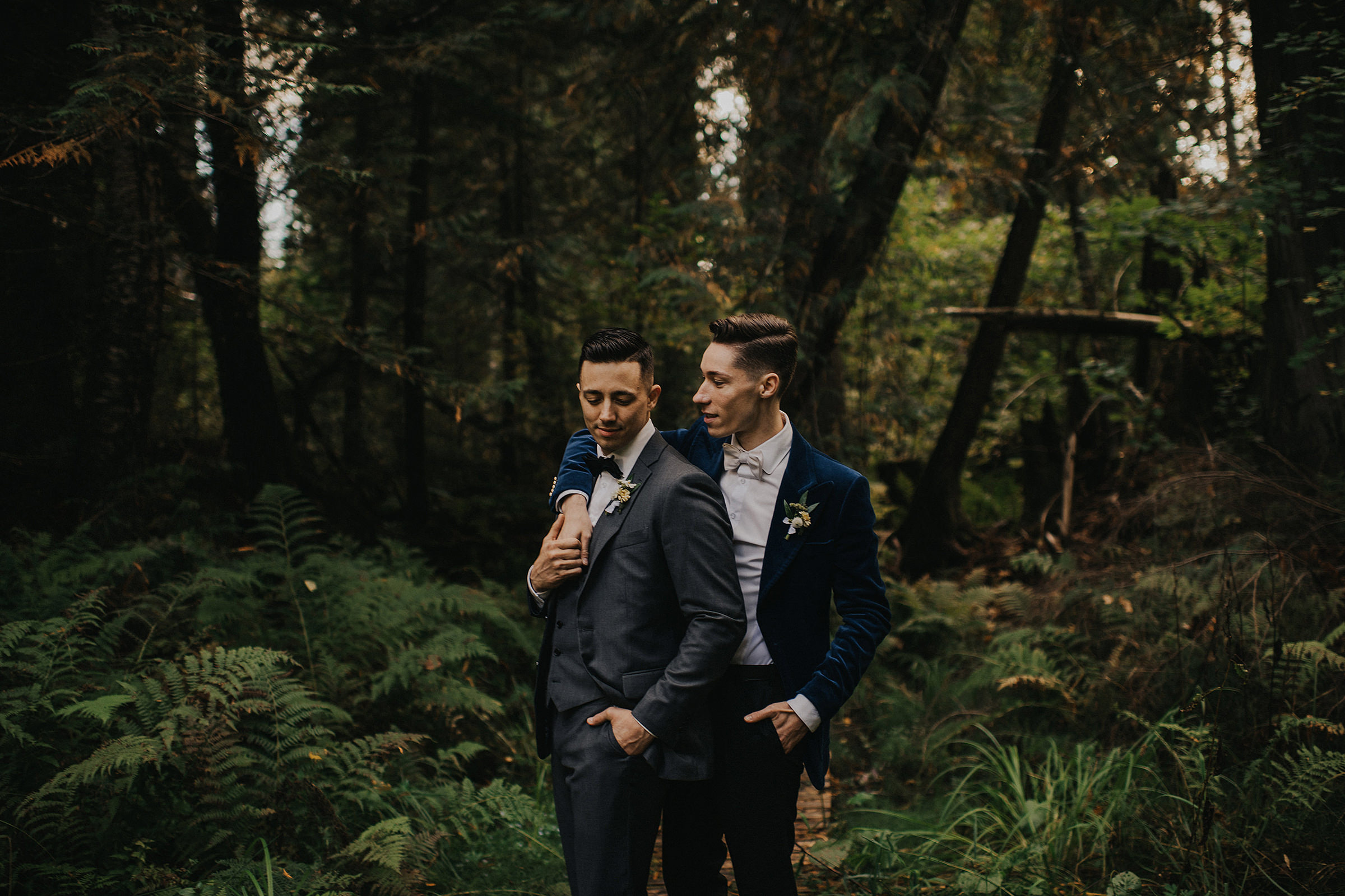 Same Sex Okanagan wedding couple in a lush forest